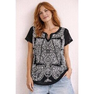 INC International Concepts Black Sheer Blouse Tie Neck Embroidered Paisley XL